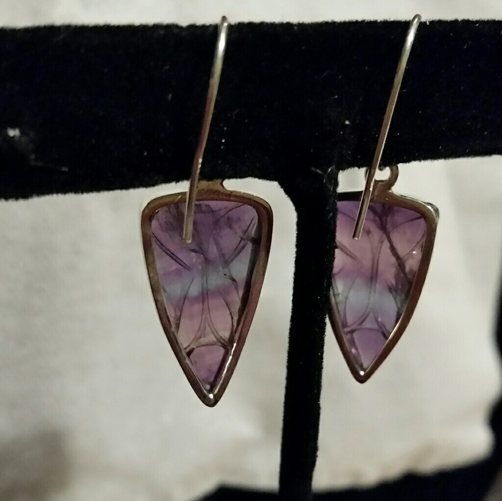 .925 Silver Hand Carved Rainbow Flourite Earrings - Picture 2 of 5